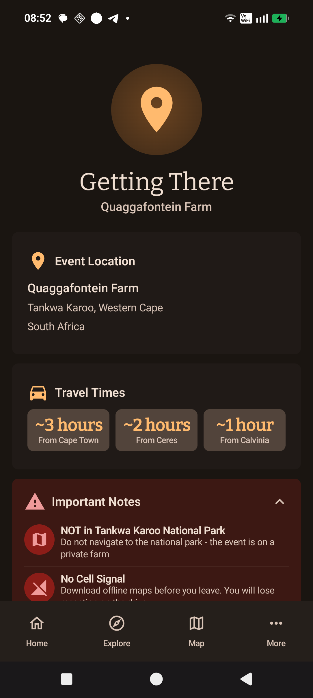 AfrikaBurn Companion directions screen