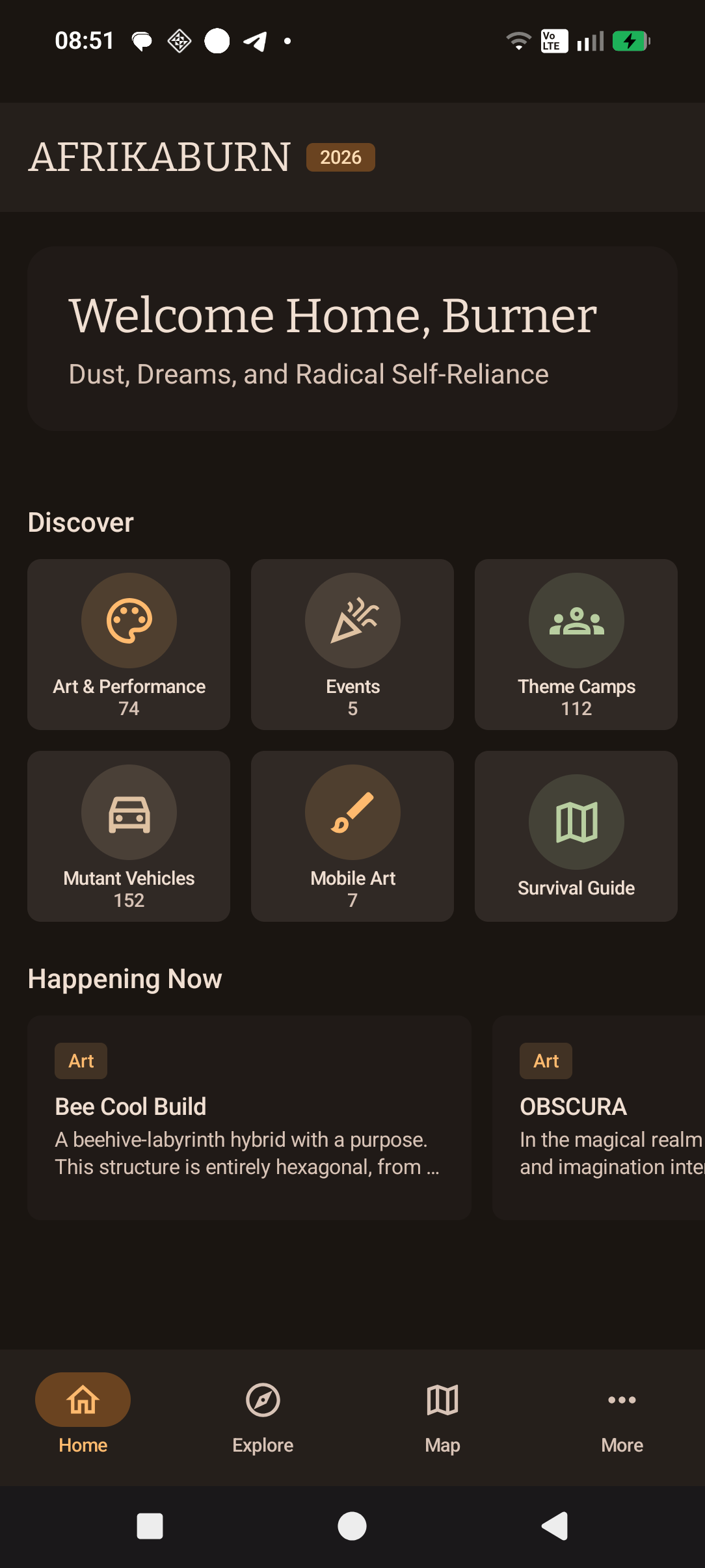 AfrikaBurn Companion home screen