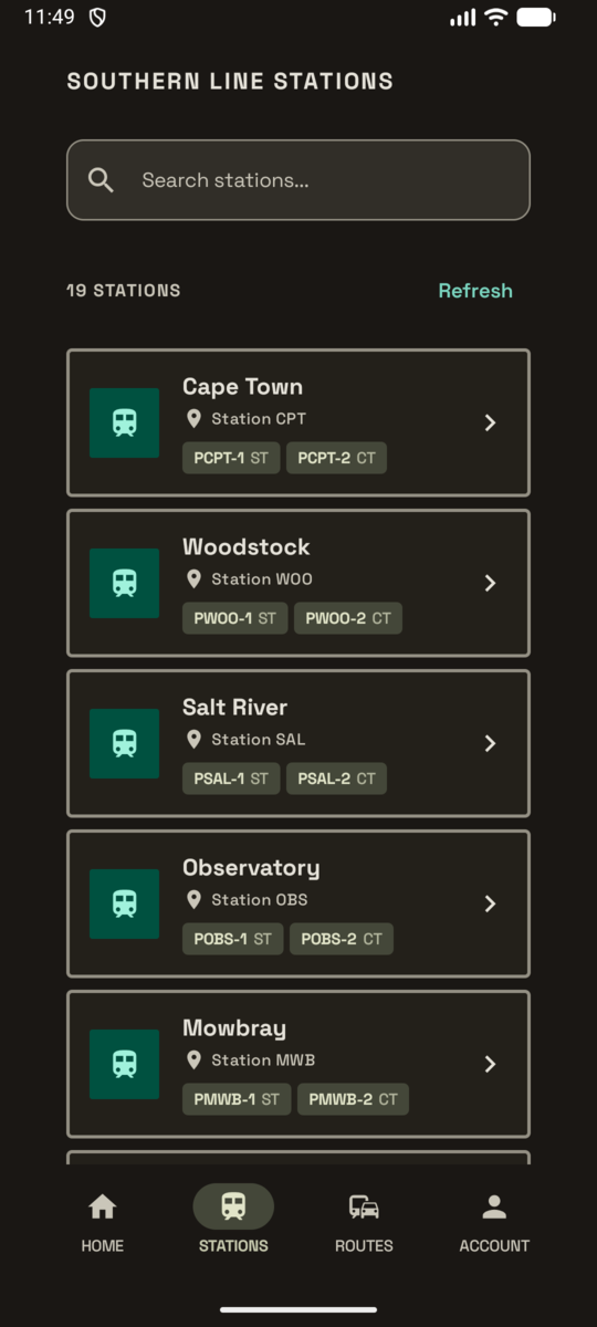 Commute Check stations screen