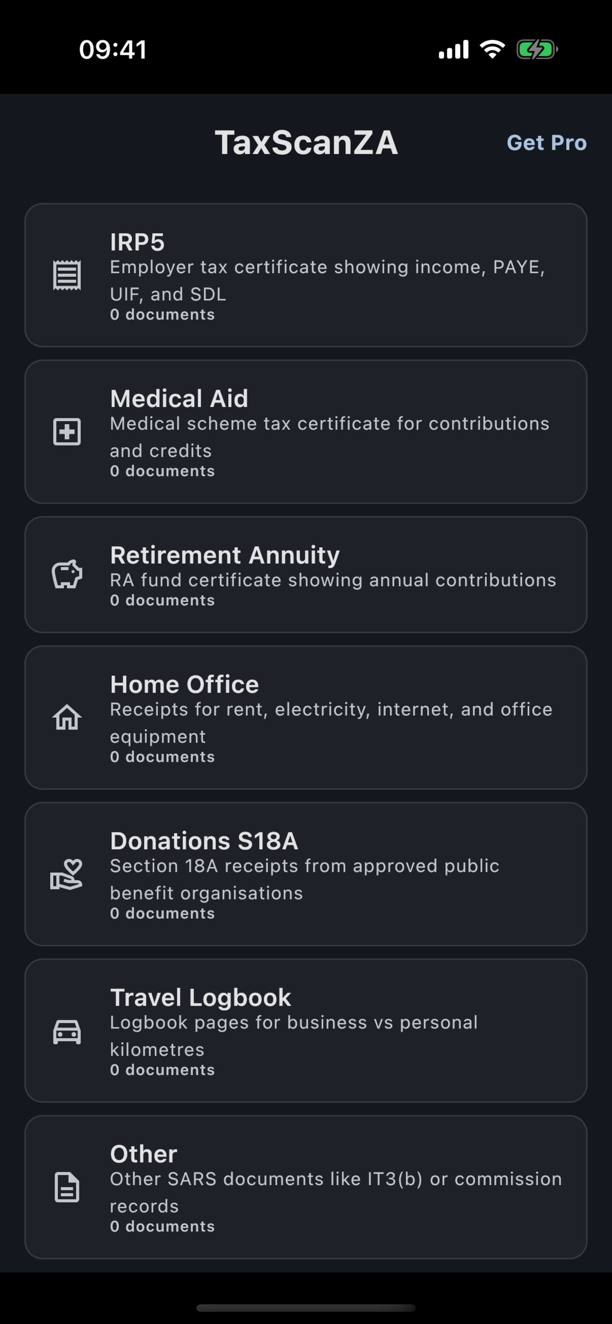 TaxScanZA document list organized by tax category